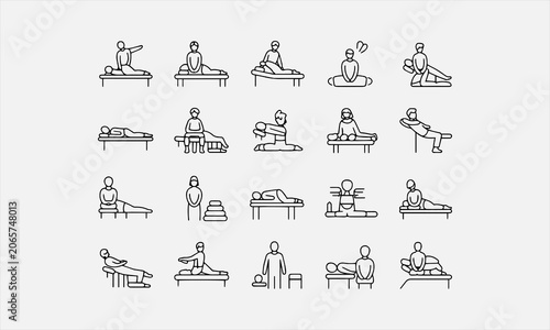 Massage therapy patient treatment chiropractic care session. line art icon set vector illustration