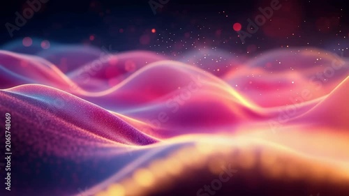 Abstract digital wave texture in vibrant pink, purple, and orange hues, subtle glowing particles flowing.