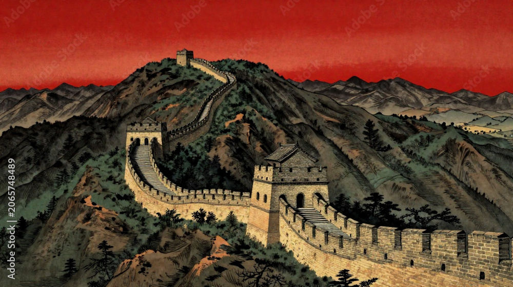 Obraz premium Great Wall of China, ancient stone fortification, mountain landscape, red sky
