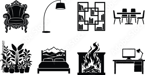 Photos Black and white silhouette icons set of home furniture interior decor elements a