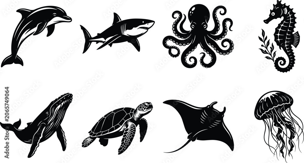 Obraz premium Black and white vector graphic icons of marine life including dolphin shark octopus seahorse whale turtle stingray and jellyfish