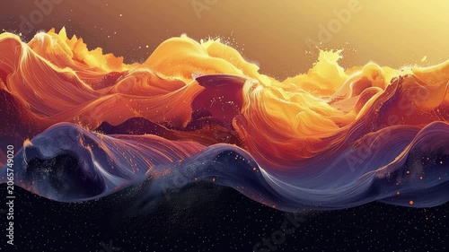 Abstract fluid waves of vibrant orange and deep blue colors with sparkling particles creating dynamic artistic movement.