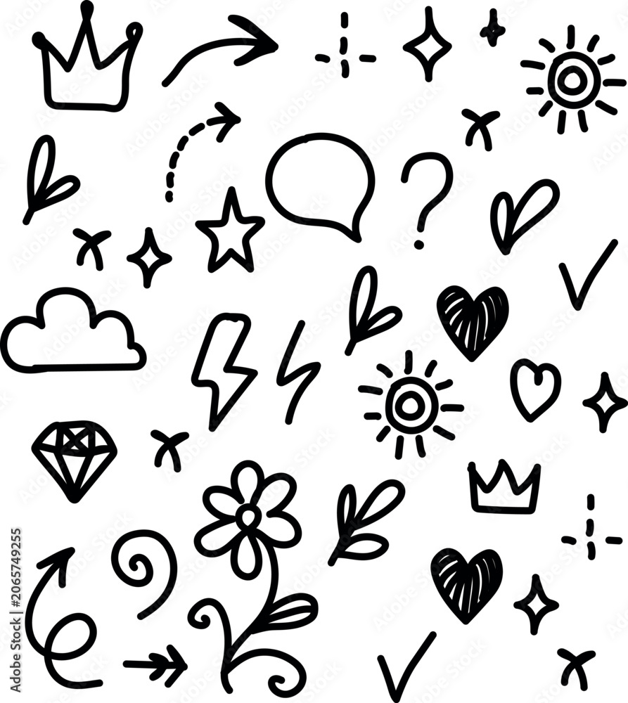 Fototapeta premium Set of hand drawn doodle elements including hearts stars crowns flowers arrows and weather icons with sketched