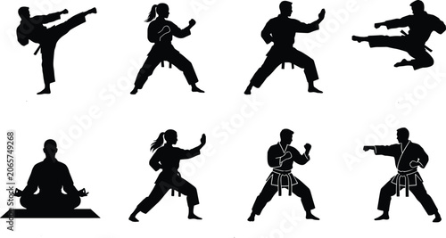 Canvastavla Black and white vector silhouette icons of male and female martial artists pract