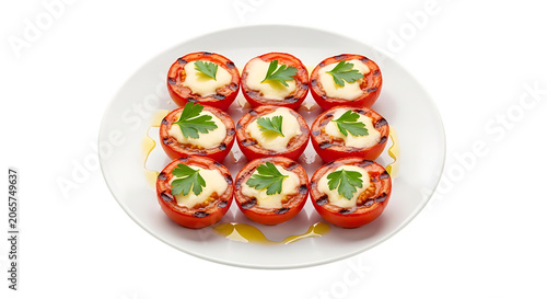 Stuffed tomatoes with melted cheese and parsley garnish on transparent background food cuisine dish appetizer snack vegetable red