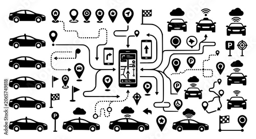 Cuadro en lienzo Car Sharing and GPS Route Navigation Collection Black Vector Illustration