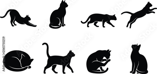 Foto Cat silhouettes collection in various poses featuring stretching sitting prowlin