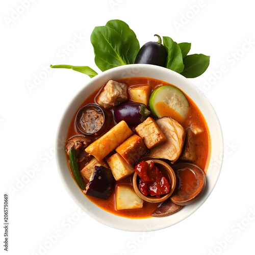 Traditional Filipino kare-kare oxtail stew with thick peanut sauce, vegetables, and bagoong.