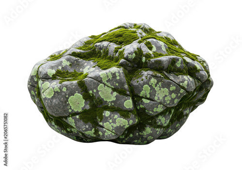 Round mossy rock with green lichen and moss on transparent background, textured natural object for design.