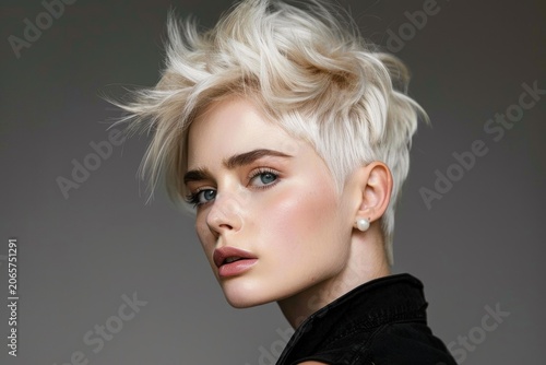 Studio portrait of a platinum blonde woman with short, tousled hair and pearl earrings, showcasing a stylish and modern pixie cut