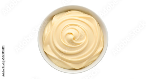 Creamy custard filling in a white bowl swirled and textured on transparent background cream dairy dessert sweet yellow
