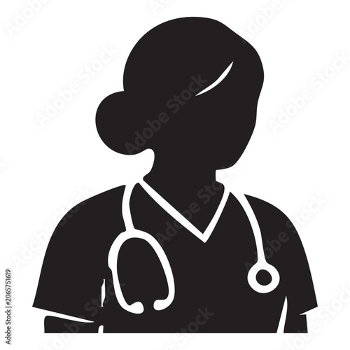 Black silhouette of female doctor with stethoscope isolated on white background, Vector, illustration