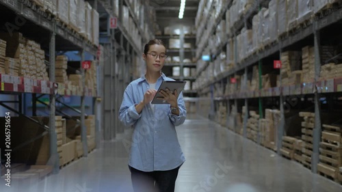 Female Warehouse Inventory Coordinator Monitoring Stock in Storage Facility. Inventory coordination, warehouse management, stock monitoring