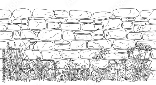 Foto Weathered Grey Stone Wall Vector with Wildflowers and Grass Isolated on White