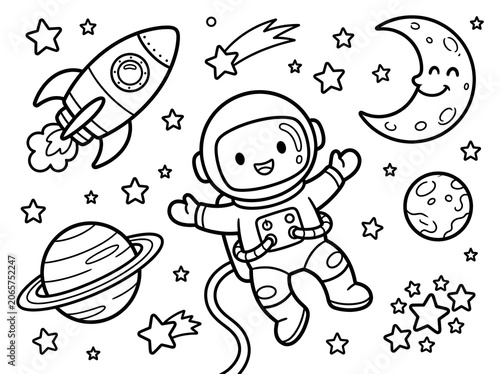 Astronaut in Space with Rocket Ship.