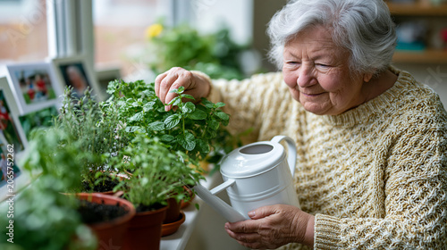 Older woman watering potted herbs on a sunlit windowsill inside a senior living apartment, personal photographs arranged on a nearby shelf, cozy domestic scale suggesting a whole life compressed int