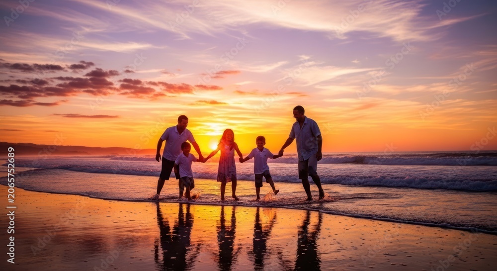 Fototapeta premium Family Silhouette Walking on Beach at Sunset.