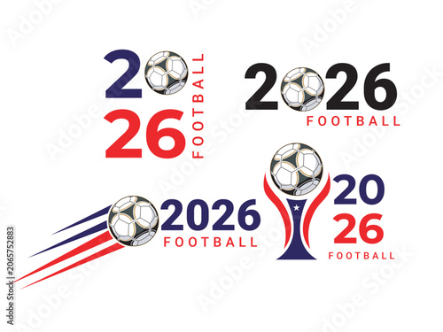 Creative football logo concepts with soccer ball and text twenty twenty six competition.