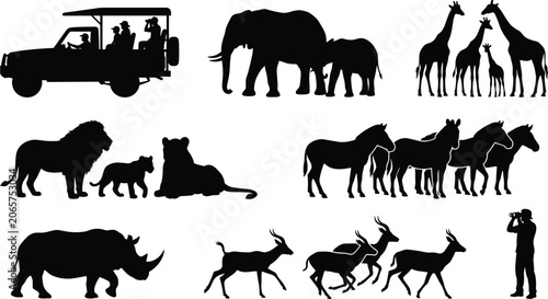 Photography African safari silhouettes bundle featuring tourists in off road vehicle elephan