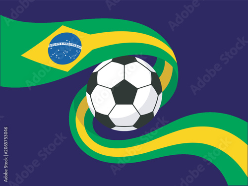 Brazilian national football flag banner with classic soccer ball on dark blue background.