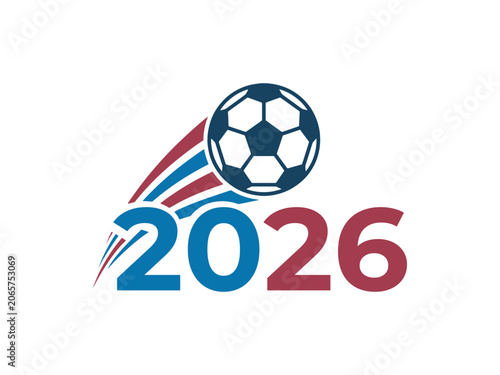 Soccer tournament 2026 logo with fast moving football and red blue motion trail stripes.