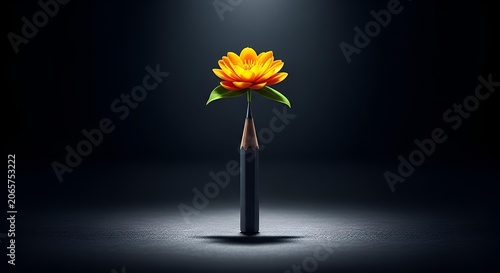 Pencil with blooming orange flower on top