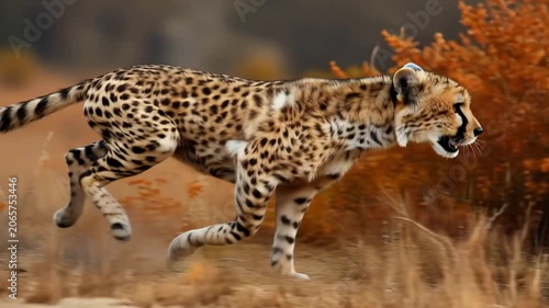 Powerful wild cheetah running with intense speed across dry savanna landscape, actively hunting during autumn season.
