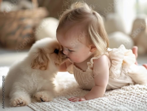Happy baby in cute outfit laughing while gently interacting with fluffy puppy on cozy rug indoors.