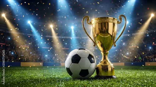 Championship Trophy and Soccer Ball on Stadium Field Under Bright Lights
