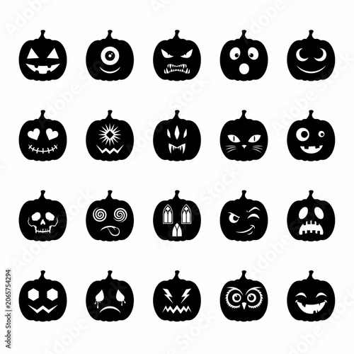 Collection of various carved pumpkin faces for Halloween decoration and design.