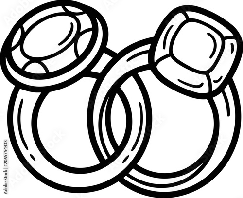 Schilderij op canvas Two entwined wedding rings, one with a square gem, line art illustration
