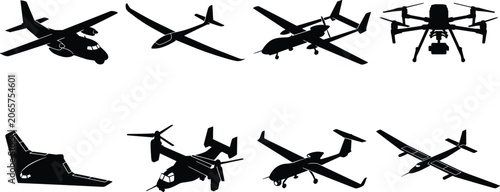 Canvas Print Aircraft and Drone Silhouette Collection Featuring UAV Aviation Vehicle Icons
