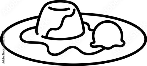 Photos Dessert icon: Pudding and ice cream scoop on a plate, simple line art