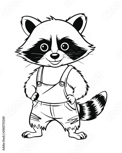 Cute cartoon raccoon illustration wearing overalls in a clean black and white line art vector style design