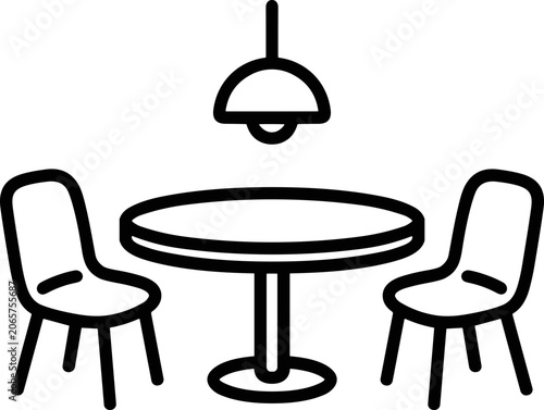 Minimalist cafe interior icon with round table and two chairs, overhead lamp