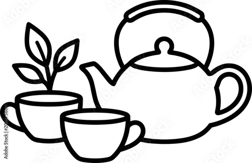 Tea Time Concept: Kettle, Cups, and Fresh Leaves - Black and White Line Art