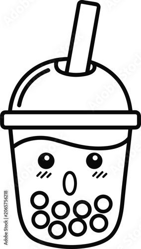 Cute Kawaii Bubble Tea Outline Drawing with Happy Face