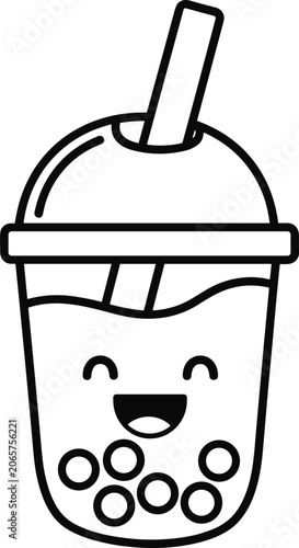 Cute Kawaii Bubble Tea Illustration with Happy Face and Straw
