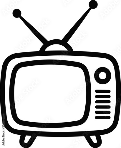 Retro television icon with rabbit ears antenna, vintage tv drawing