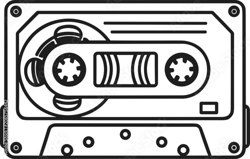 Retro audio cassette tape, vintage music storage, graphic design line art