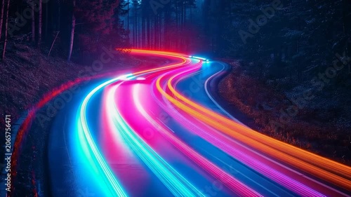 Neon light trails from vehicles streak along winding road in dark forest at night, depicting fast urban connectivity.
