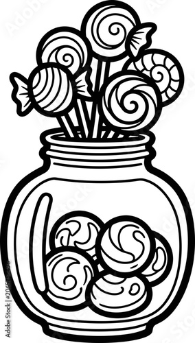 Jar of Swirl Lollipops and Candies - Hand Drawn Black and White Illustration