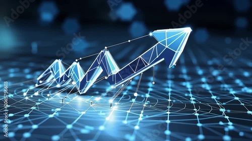 Polygonal blue upward trend arrow illustrates business growth and financial success in abstract digital network environment.