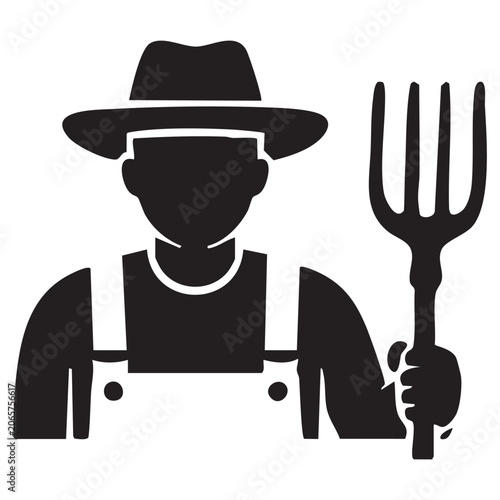 Black silhouette of farmer with pitchfork isolated on white background, Vector, illustration