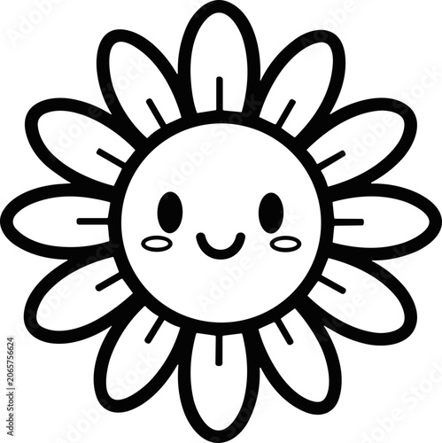 Cute Kawaii Flower Face Outline, Happy Cartoon Character, Simple Line Art