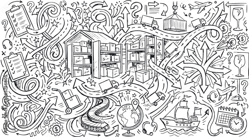 Fototapeta premium Detailed warehouse logistics and supply chain management doodle concept featuring shipping boxes delivery routes global transportation and freight icons logistics warehouse delivery