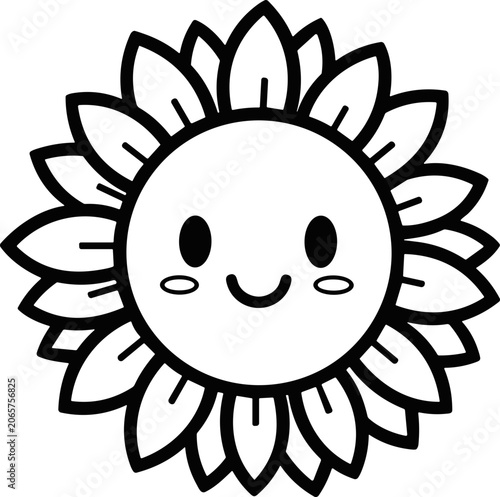 Cute Cartoon Sunflower Face Outline, Kawaii Flower Illustration for Coloring