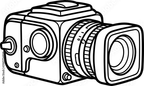 Line Art Drawing of a Professional Video Camera with Lens