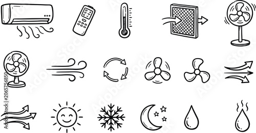 Air conditioning and climate control icon set containing doodle illustrations of ac unit thermostat fan airflow weather temperature symbols with conditioning temperature ventilation