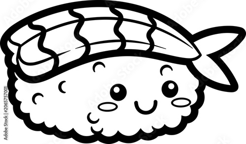 Cute Kawaii Shrimp Nigiri Sushi Character, Black and White Line Art